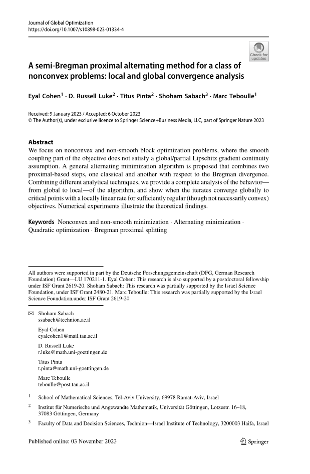 Cohen, Luke, Pinta, Sabach and Teboulle, Journal of Global Optimization