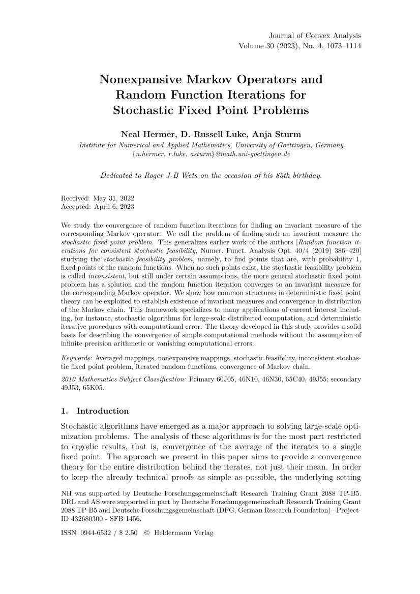 Nonexpansive Markov Operators and Random Function Iterations for Stochastic Fixed Point Problems, Hermer, Luke and Sturm.