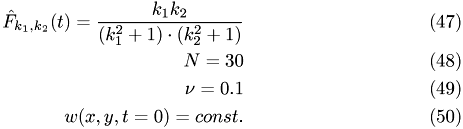 \begin{eqnarray} \hat F_{k_1,k_2}(t)= \frac{k_1k_2}{(k_1^2+1)\cdot(k_2^2+1)}\\ N=30\\ \nu=0.1\\ w(x,y,t=0)=const. \end{eqnarray}